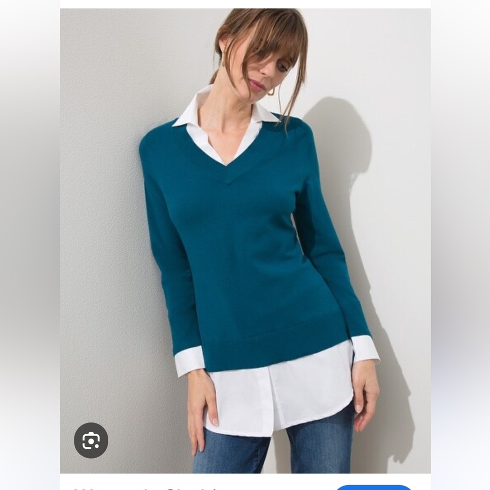 Chicos Built-In Woven Shirt Knit Sweater Size XL